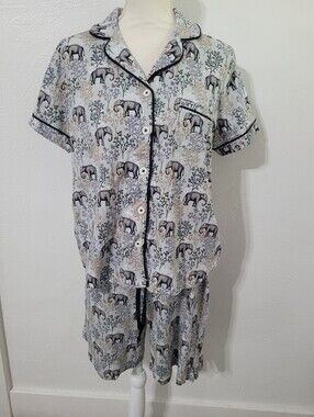 Organic Cotton Pajama Set Elephants Shorts And Short Sleve Summer Medium